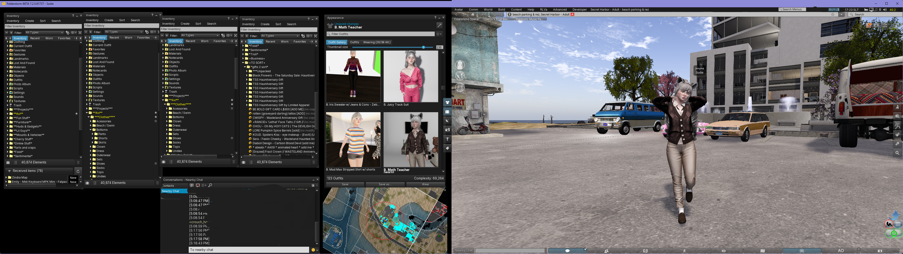 Folderstorm across two monitors: inventory and outfits on the left, the Second Life world on the right