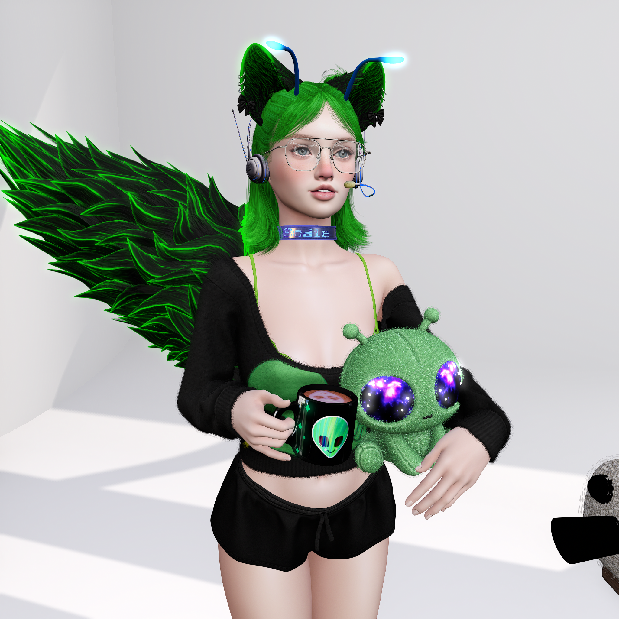 Green-haired avatar with an alien plush toy