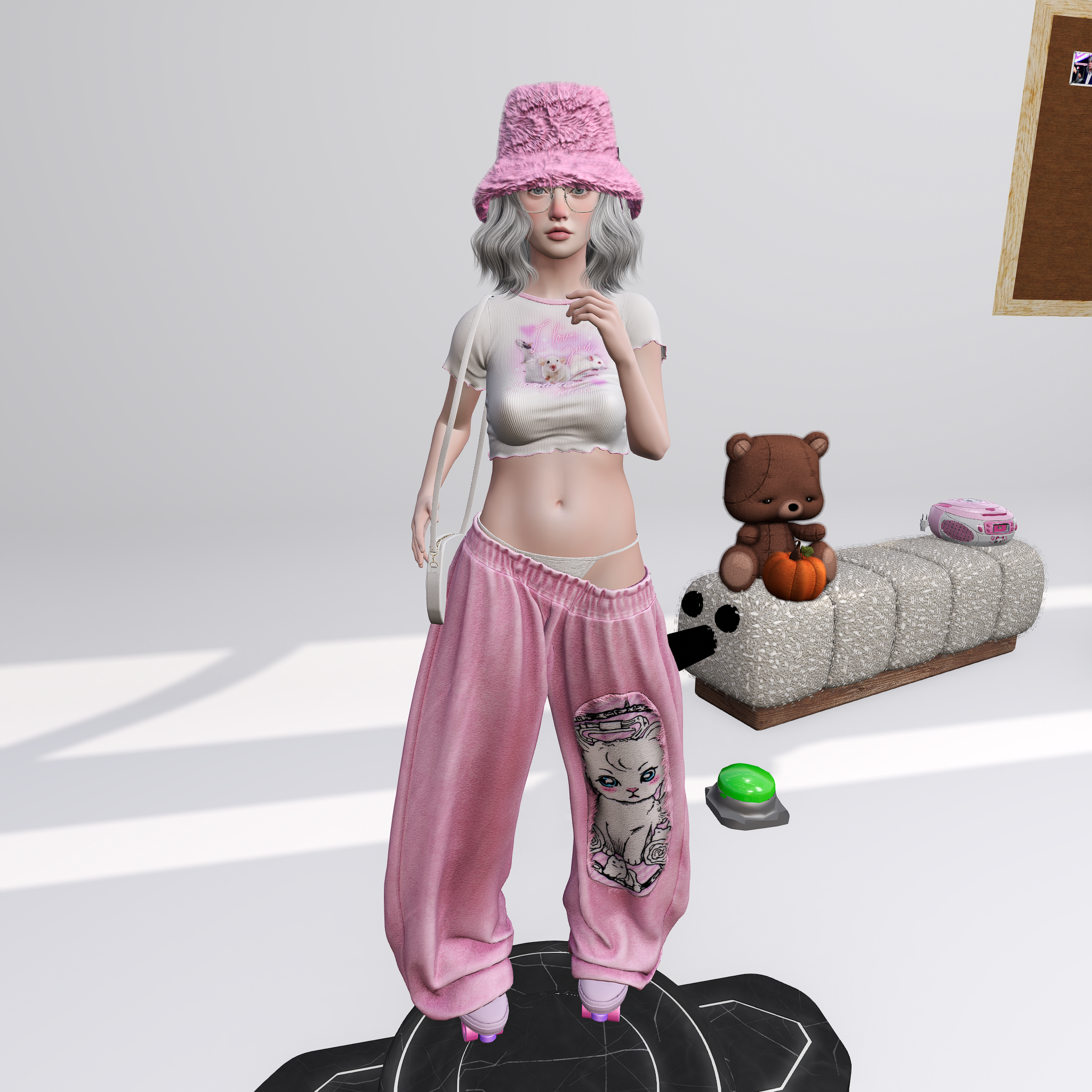 Avatar in a pink bucket hat and cat-print trousers